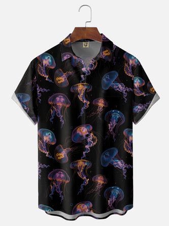 Moisture Wicking Gradient Ocean Animal Jellyfish Chest Pocket Hawaiian Shirt