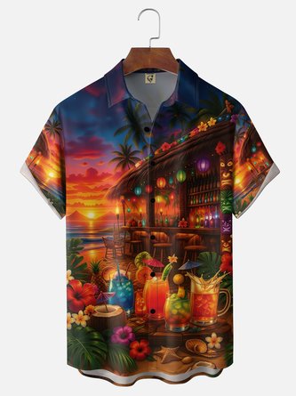 Moisture Wicking Sunset Seascape & Coconut Tree Gradient Print Chest Pocket Hawaiian Shirt