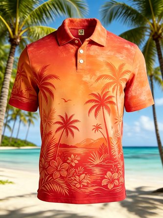 Moisture Wicking Gradient Palm Tree & Leaf Print Short Sleeve Hawaiian Golf Polo