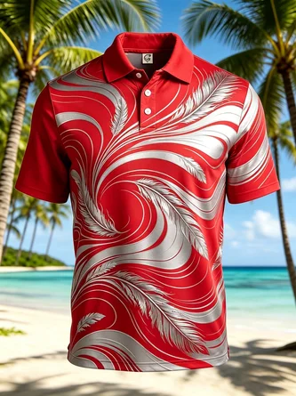 Moisture Wicking Gradient 3D Abstract Swirling Geometric Feather Print Short Sleeve Hawaiian Golf Polo