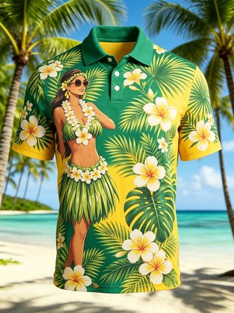 Moisture Wicking Gradient Tropical Leaf & Plumeria Hula Short Sleeve Hawaiian Golf Polo