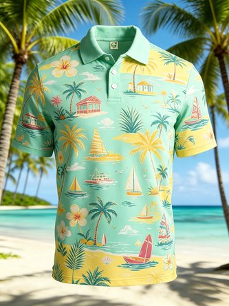 Moisture Wicking Gradient Palm Trees Flowers Leaves Sailboats Short Sleeve Hawaiian Golf Polo