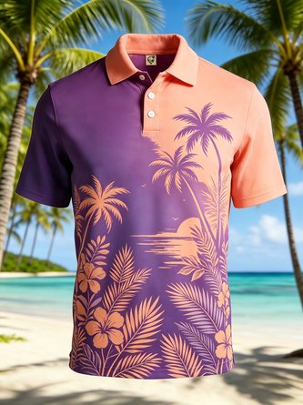 Moisture Wicking Gradient Palm & Leaf Print Short Sleeve Hawaiian Golf Polo