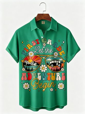 Moisture Wicking Back To School Slogan & Glasses Print Chest Pocket Hawaiian Shirt