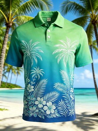 Moisture Wicking Gradient Design Tropical Plants Coconut Trees Flowers Leaves Short Sleeve Hawaiian Golf Polo