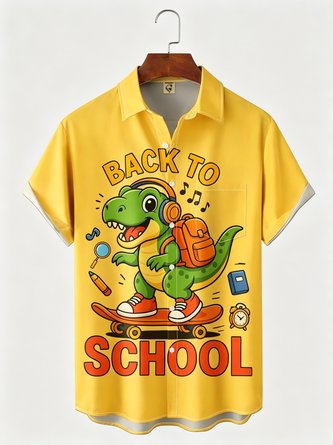 Moisture Wicking Back To School Slogan Dinosaur & Skateboard Print Chest Pocket Hawaiian Shirt