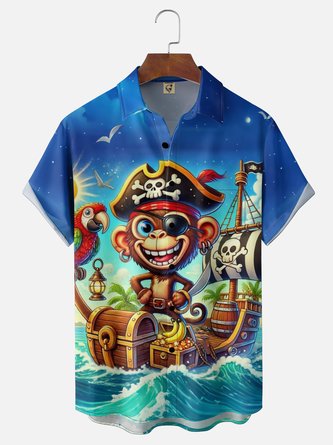 Moisture Wicking Gradient Design Featuring Pirate Monkey Sailboat Parrot Coins Chest Pocket Hawaiian Shirt
