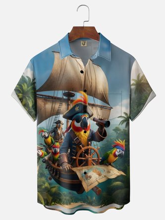 Moisture Wicking Featuring Gradient Colors Pirate Parrots Sailboats Maps Telescopes Chest Pocket Hawaiian Shirt