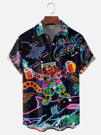 Moisture Wicking Neon Colored Cat Beer Shark Print Chest Pocket Hawaiian Shirt