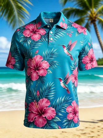 Moisture Wicking Gradient Hibiscus & Leaf Bird Print Short Sleeve Hawaiian Golf Polo