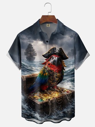 Moisture Wicking Gradient Pirate Parrot & Sailboat Chest Pocket Hawaiian Shirt