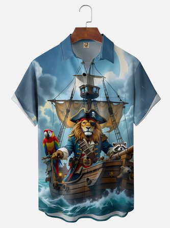 Moisture Wicking Gradient Pirate Lion King Sailboat Parrot Print Chest Pocket Hawaiian Shirt