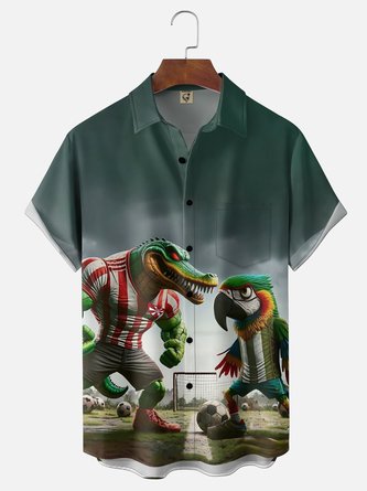 Moisture Wicking Featuring Brazilian Crocodiles Parrots Soccer Match Motifs Holiday Chest Pocket Hawaiian Shirt