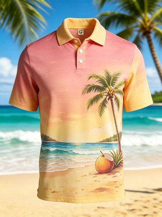 Moisture Wicking Gradient Beach & Coconut Tree Print Short Sleeve Hawaiian Golf Polo