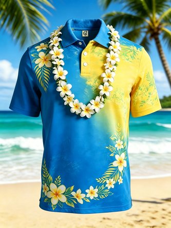 Moisture Wicking Ombré Plumeria & Leaf Print Short Sleeve Hawaiian Golf Polo