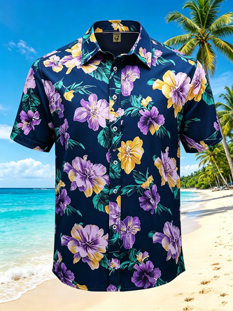 Moisture wicking Tropical Floral Chest Pocket Hawaiian Shirt