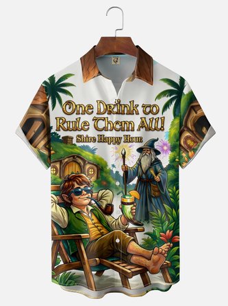 Moisture Wicking Gradient Design Featuring Palm Trees Figures Cocktails Chest Pocket Hawaiian Shirt