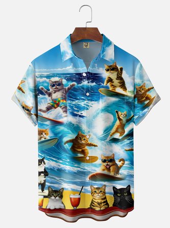 Moisture Wicking Gradient Surfing Cat Chest Pocket Hawaiian Shirt