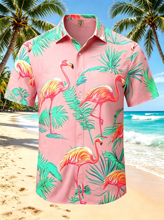 Moisture wicking Flamingo Floral Chest Pocket Hawaiian Shirt