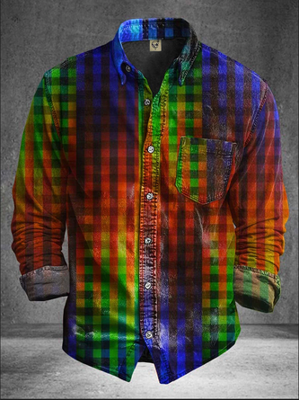 Moisture Wicking Abstract Gradient Plaid Chest Pocket Casual Long Sleeve Shirt