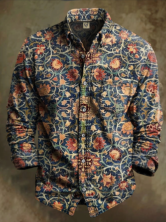 Moisture Wicking Vintage Botanical Floral Print Chest Pocket Casual Long Sleeve Shirt