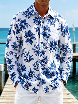 Linen Texture Tropical Floral Chest Pocket Long Sleeve Casual Shirt