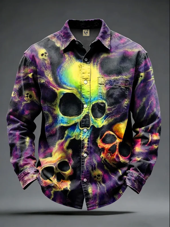 Moisture Wicking Halloween Gradient Skull Chest Pocket Casual Long Sleeve Shirt