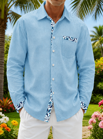 Linen Texture Solid & Floral Patchwork Chest Pocket Casual Long Sleeve Shirt