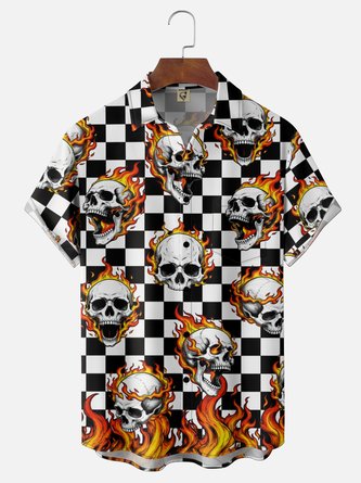 Moisture Wicking Gradient Rock Punk Flame Skull Geometric Print Chest Pocket Hawaiian Shirt