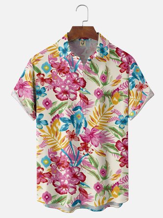 Moisture Wicking Tropical Floral & Leaf Gradient Print Chest Pocket Hawaiian Shirt