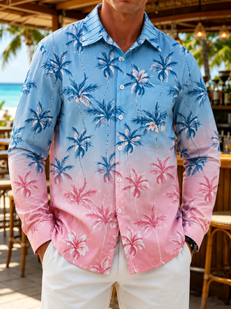 Linen Texture Gradient Coconut Tree Print Chest Pocket Long Sleeve Casual Shirt