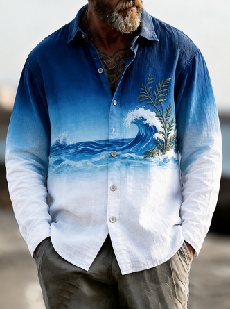 Linen Texture Wave & Botanical Print Chest Pocket Long Sleeve Casual Shirt