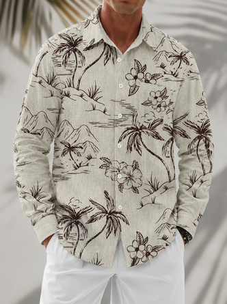 Linen Texture Tropical Plant Coconut Tree Chest Pocket Long Sleeve Casual Shirt