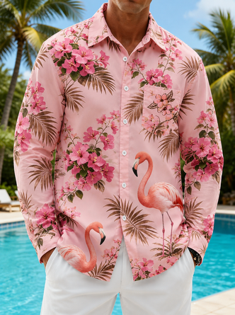 Linen Texture Tropical Plants Fireworks Flamingos Print Chest Pocket Long Sleeve Casual Shirt