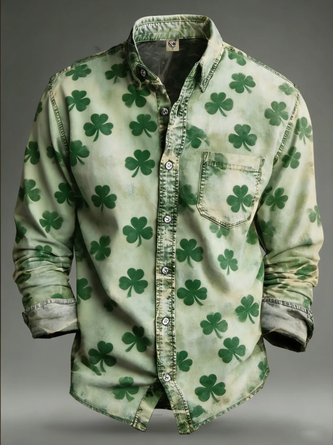 Moisture Wicking Lucky Clover Chest Pocket Casual Long Sleeve Shirt