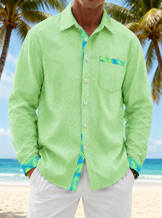 Linen-Texture Solid & Floral-Patchwork Chest Pocket Casual Long-Sleeve Shirt