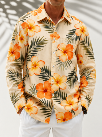 Linen-Texture Tropical Floral Chest Pocket Long-Sleeve Casual Shirt
