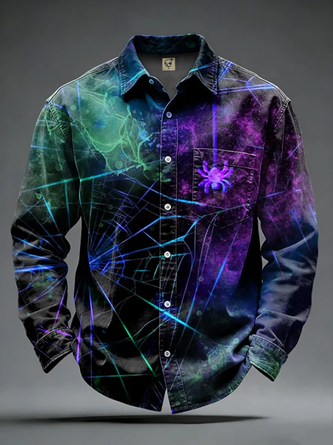 Moisture Wicking Halloween Gradient Spider Chest Pocket Casual Long Sleeve Shirt