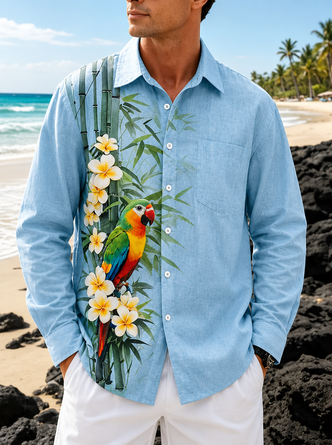 Linen Texture Tropical Plants Flowers Parrots Print Chest Pocket Long Sleeve Casual Shirt