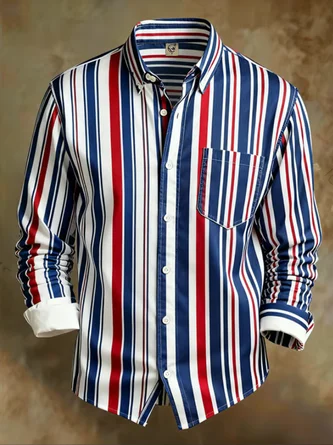 Moisture Wicking Geometric Stripe Chest Pocket Casual Long Sleeve Shirt