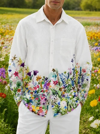 Linen Texture Tropical Floral Chest Pocket Casual Long Sleeve Shirt