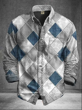 Moisture Wicking Abstract Geometric Print Chest Pocket Long Sleeve Casual Shirt