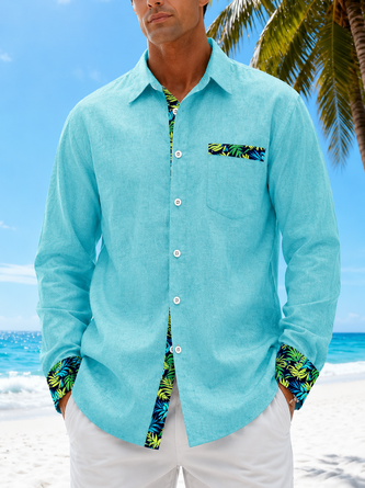 Linen Texture Solid & Floral Patchwork Chest Pocket Long Sleeve Casual Shirt
