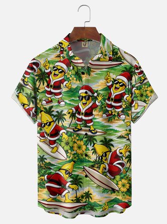 Moisture Wicking Gradient Christmas Banana Man & Surfboard Coconut Tree Print Chest Pocket Hawaiian Shirt
