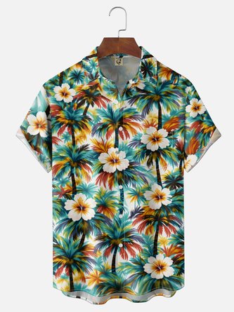 Moisture Wicking Gradient Tropical Plant & Coconut Tree Print Chest Pocket Hawaiian Shirt
