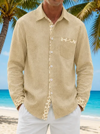 Linen Texture Block & Leopard Print Chest Pocket Long Sleeve Casual Shirt