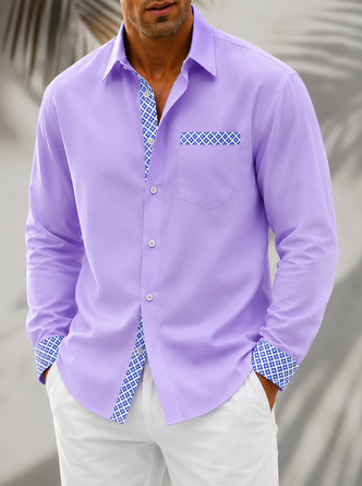 Linen Textured Solid Checkered Chest Pocke Holiday Long Sleeve Casual Shirt