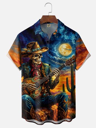 Moisture Wicking Gradient Featuring Skull Cowboy Guitar Cactus Chest Pocket Hawaiian Shirt