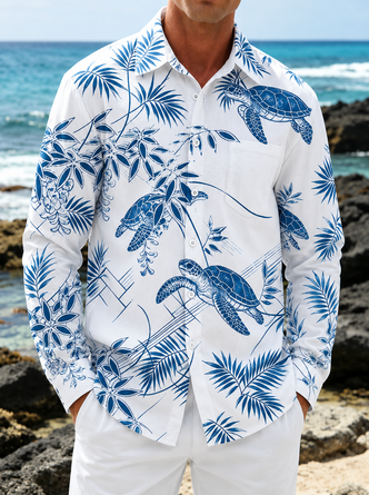 Linen Texture Tropical Floral & Monstera Print Long Sleeve Casual Shirt