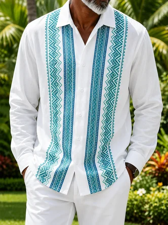 Linen Texture Geometric Stripe Long Sleeve Casual Guayabera Shirt